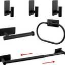 6 PCS Self Adhesive Bathroom Hardware Set, Stainless Steel Towel Rack Set - Adjustable 24In Bath Towel Bar+Toilet Paper Holder+3 Towel Hooks+Towel Ring Bathroom Accessory Kit(Matte Black)