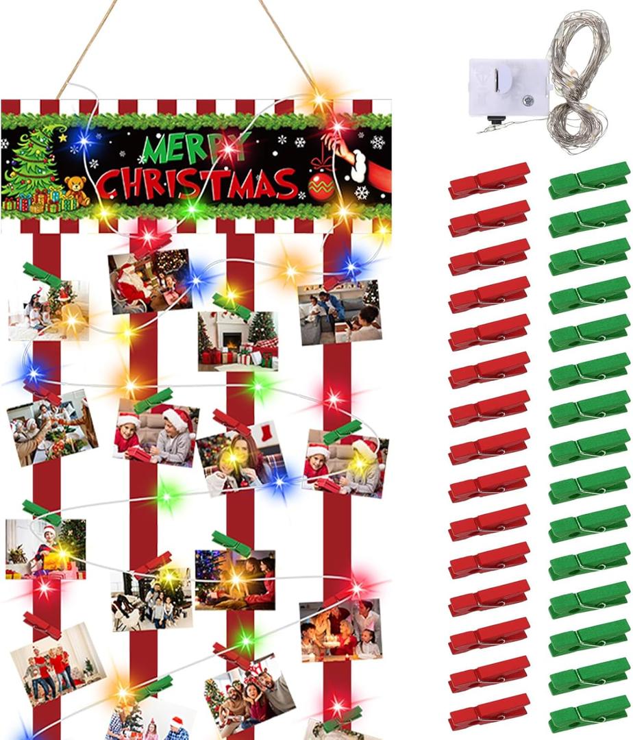 Thyle Christmas Card Holder Christmas Wall Hanging Card Display Picture Wooden Holders with 30 Wooden Clips and String Lights for DIY Xmas Cards Craft Home Party Decor(Green Style)