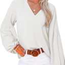SHEWIN Blouses for Women Dressy Casual Solid Lantern Long Sleeve Boho Tops Loose V Neck Spring Shirts Trendy Fall Clothes for Women 2025,US 16-18(XL), White