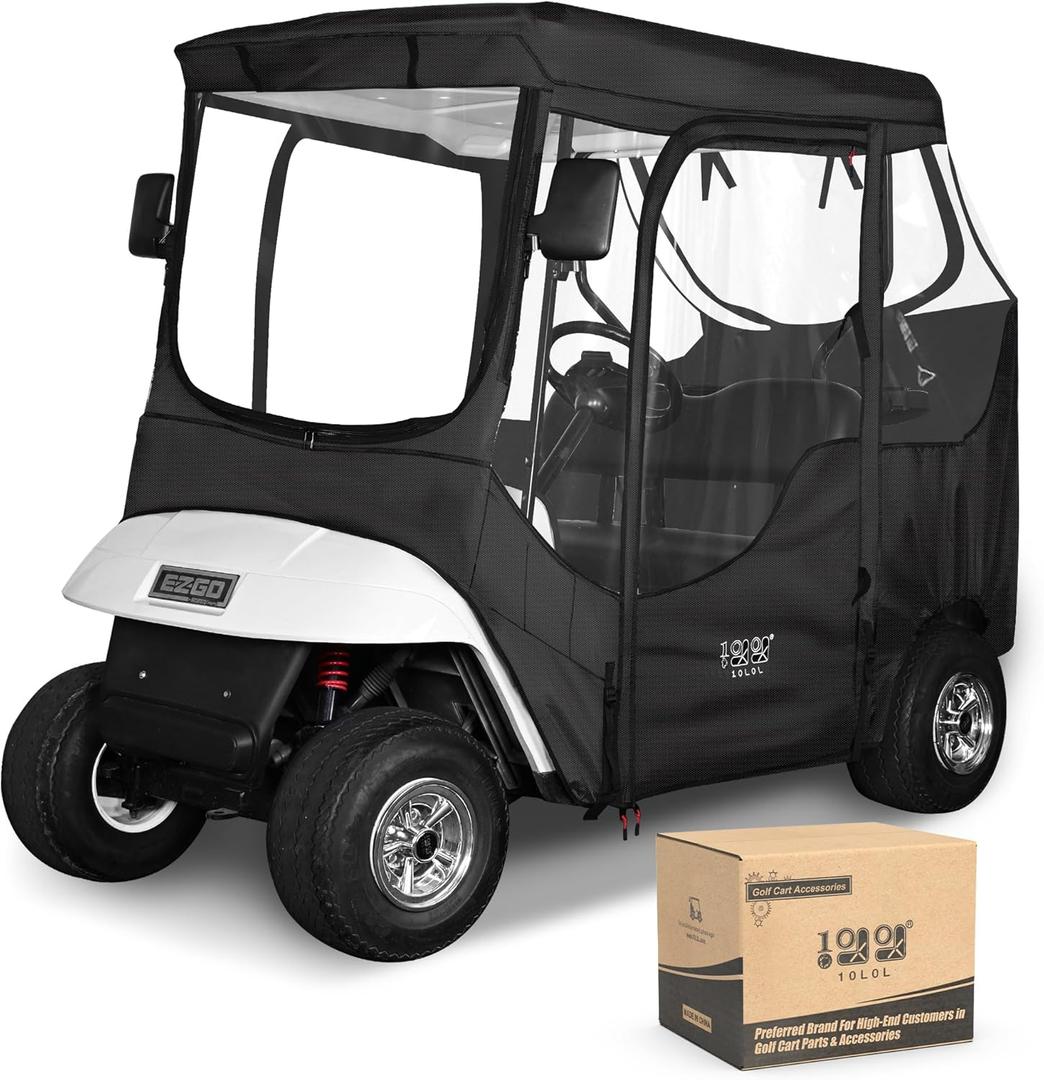 10L0L 2/4 Passenger Golf Cart Driving Enclosure for EZGO TXT/RXV Model, 4-Sided Clear Window 600D Rain Cover All Weather Windproof Waterproof - Black/Beige