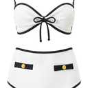 Womens High Waisted Bikini Sets Tummy Control Swimsuits Retro Color Block Bathing Suit Clasp Back Swimwear (White, L)