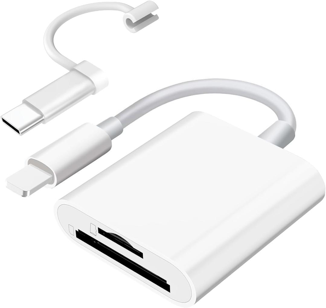 SD Card Reader for iPhone iPad Camera with USB C, Dual Card Slot Memory Card Reader Supports SD and TF Card Trail Camera Viewer SD Card Adapter Portable Micro SD Card Reader No App Plug and Play (Pearl White)