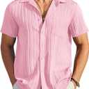 COOFANDY Men's Casual Button Down Shirts Short Sleeve Textured Summer Beach Shirt with Pocket (Pink, XXXL)