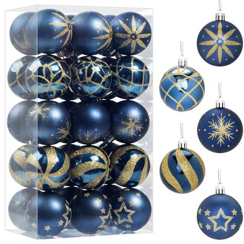 30 Pcs Christmas Ball Ornaments Set, 2.36'' Blue and Gold Hand-Painted Ornament Bulk for Xmas Tree, Shatterproof Tree Decorations for Holiday Party, Wreath, Winter Décor
