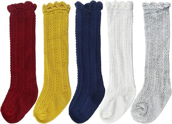 Bestjybt Baby Girls Boys Knee High Socks Cotton Newborn Infants Toddlers Cable Knit Tube Ruffled Stockings, Multicolored 4 Pairs