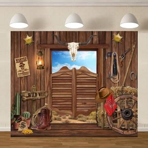 10x8ft Western Cowboy Photo Backdrop Rustic Wild West Party Decorations Brown Western Wooden House Barn Photography Background Boys Baby Shower Birthday Party Banner Photo Props