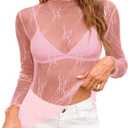 Aoulaydo lace Long Sleeve top for Women mesh Layering top Mock Neck Floral See Through Tops (X-Large, Pink)