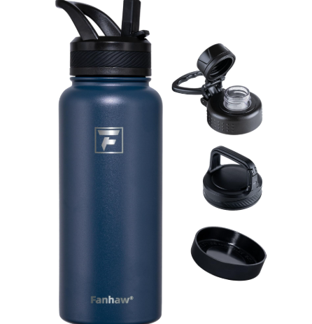 Fanhaw 32 oz Insulated Water Bottle Portable Stainless Steel Flask with 3 Lids (Straw, Spout, Carabiner) | Leakproof, for Gym, Hiking, Work, Travel & Everyday Use (Blue)