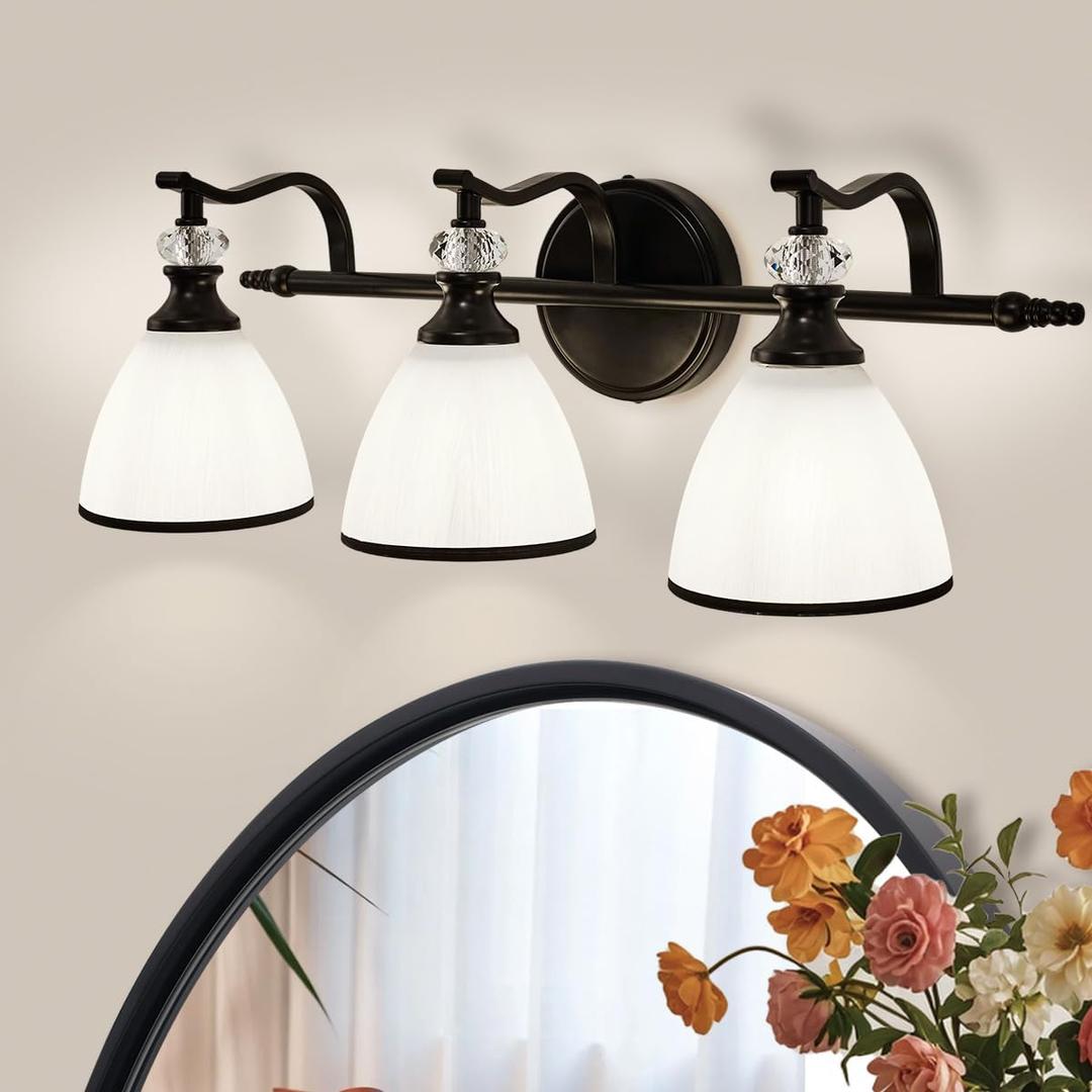 ANDY STAR Milky Glass Bathroom Vanity Light Over Mirror, 3-Light Matte Black Bathroom Light Fixtures with Frosted Glass, 22.5 inch Modern Vanity Lighting Wall Mount, E26 Base, Bulbs Not Included