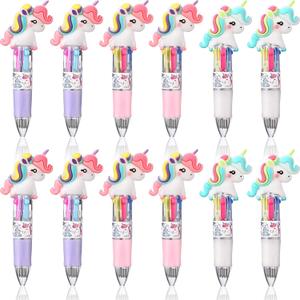 Chinco 12 Pieces Retractable Unicorn Pens 4-in-1 Multicolor Ballpoint Pen Unicorn Candy Party Favor Colored Ink Mini Party Favors for Girls Kids Classroom Prizes Birthday Gifts(Curly Hair Unicorn)