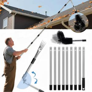 13FT Gutter Cleaning Tool from The Ground, No Ladder Needed - Adjustable Length Gutter Cleaner Pole with 180 Pivoting Head, Replaceable Brush & Shovel for Leaves, Debris