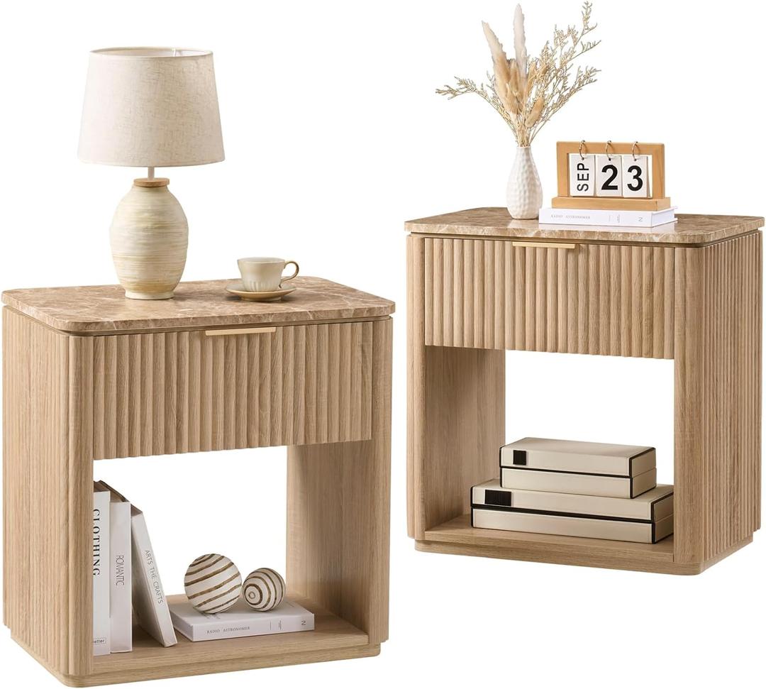 Fluted Nightstand Set of 2, 23" W Night Stand with Drawer, Wood Bed Side Table with Faux Marble-Top, Curved Corner, Metal Handle, Modern Bedside Table for Bedroom, Living Room, Office, Natural Oak