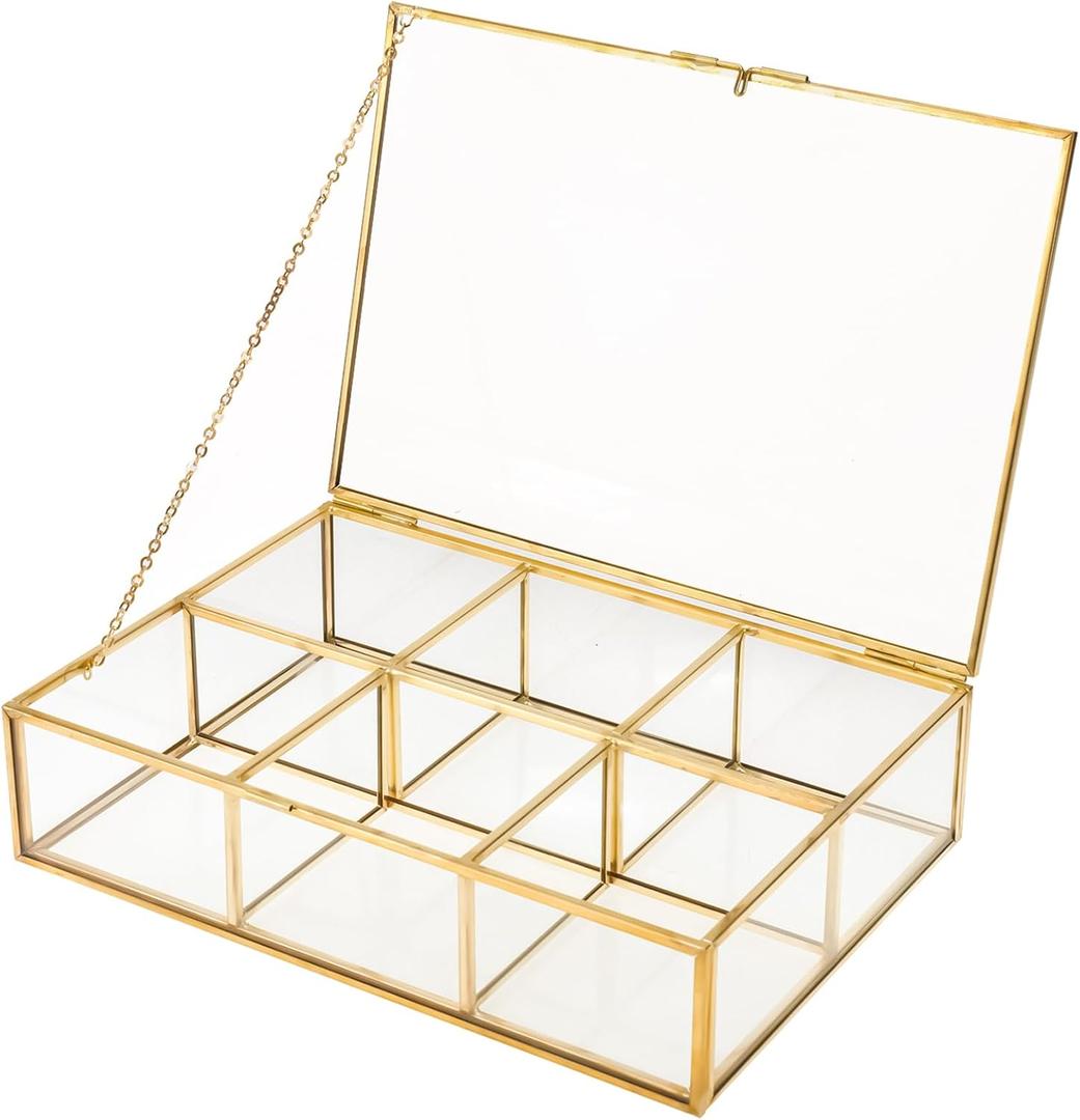 HighFree Gold Glass Tea Bag Organizer, Tea bag Storage Glass Box with Lid, Counter Top Collection Box for Tea Bags, Surgar Bags & Coffee Bags, Clear Keepsake Display Box (6 Compartments)