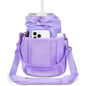 ECOHUB Water Bottle Holder with Strap, Full Coverage Stanley Cup 40/30 oz Tumbler, Insulated Water Bottle Carrier Bag with Back Safety Pocket, Crossbody Sling with Handle for Walking, Patent Pending (purple)