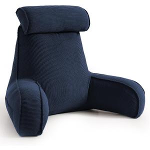 Bed Rest Reading Pillow with Arms & Detachable Headrest, Corduroy Backrest Cushion with Side Pockets & Washable Cover, Sit Up Pillow for Bed, Sofa Reading, Relaxing & Watching TV, Navy Blue, Large