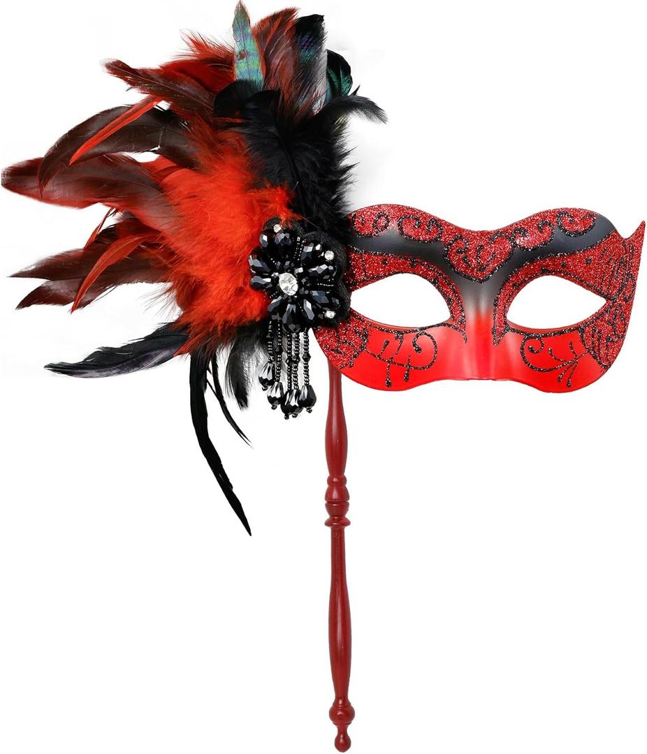 2025 New Masquerade Mask for Women with Stick - Shiny Women's Feather Mardi Gras Venetian Mask for Costume Accessory (Black Red)