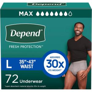 Depend Fresh Protection Adult Diapers, Incontinence Underwear for Men, Disposable, Maximum, Large, Grey, 72 Count (2 Packs of 36),  Depend Fresh Protection Adult Diapers, Incontinence Underwear for Men, Disposable, Maximum, Large, Grey, 72 Count (2 Packs of 36),