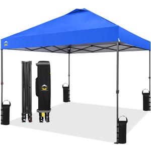 CROWN SHADES 10x10 Pop Up Canopy Tent - Patented Center Lock One Push Instant Outdoor Canopy Beach Tent with STO-N-Go Bag 8 Stakes & 4 Sand Bags, Blue