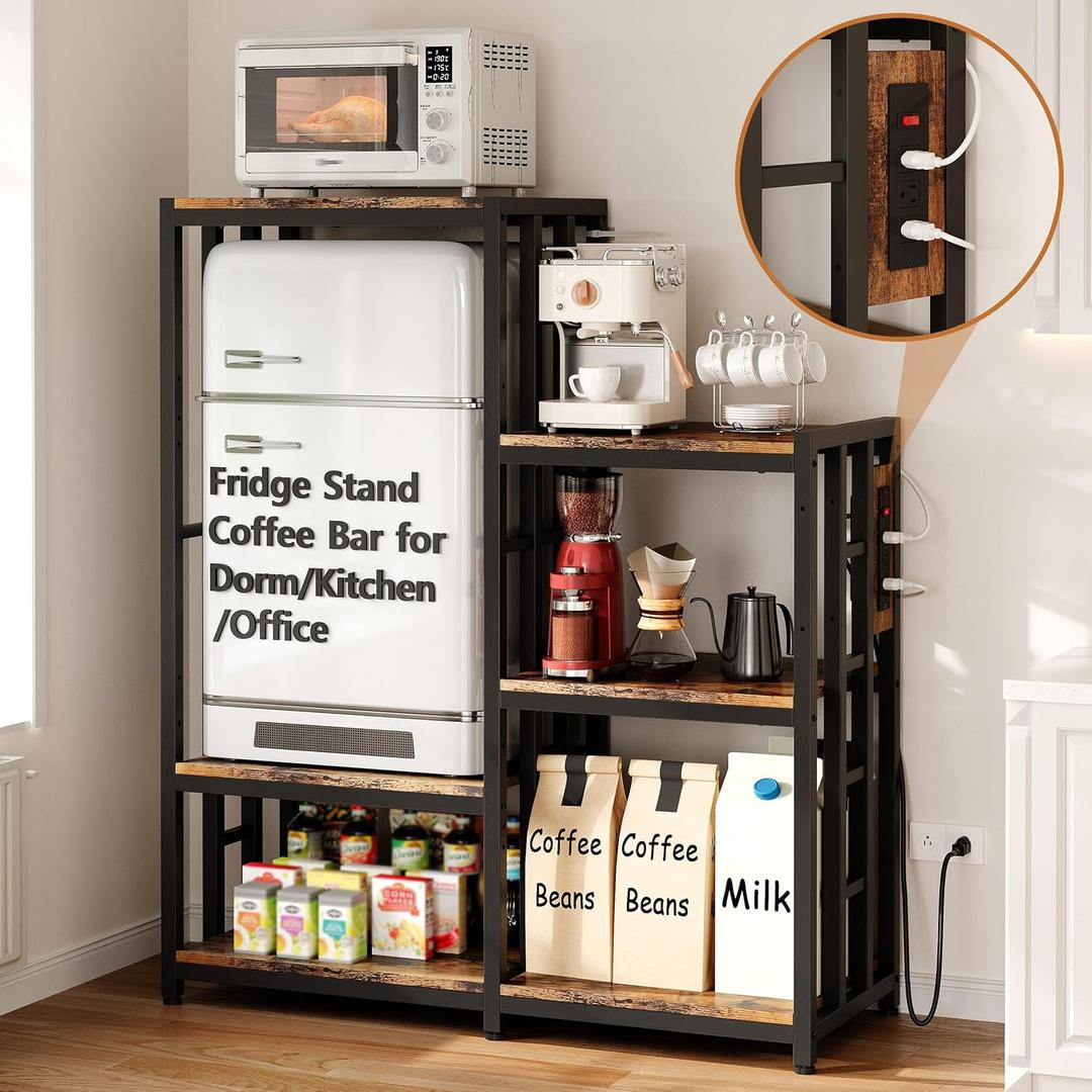 Mini Fridge Stand Coffee Bar Cabinet Station With Small Refrigerator Insert Storage Space, Shelf Organizer For Dorm Microwave To Sit On, Baker Rack With Power Outlet, Big Table To Go Over Hide Fridge