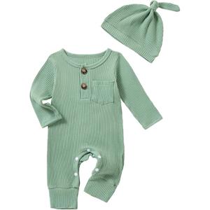 Newborn Baby Boy Girl Clothes Infant One Piece Rompers Solid Ribbed Knit Hat Long Sleeve Clothing Set (Preemie, Light Green)