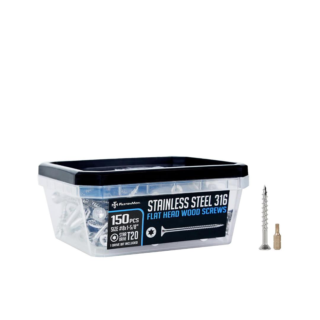 #8x1-5/8 Marine Grade 316 Stainless Steel Deck Screws, 150 PCS, Flat Head T20, Type 17 Point, Rust Resistant, Quick Drive, Strong Grip for Outdoor Wood Projects, Bit Included