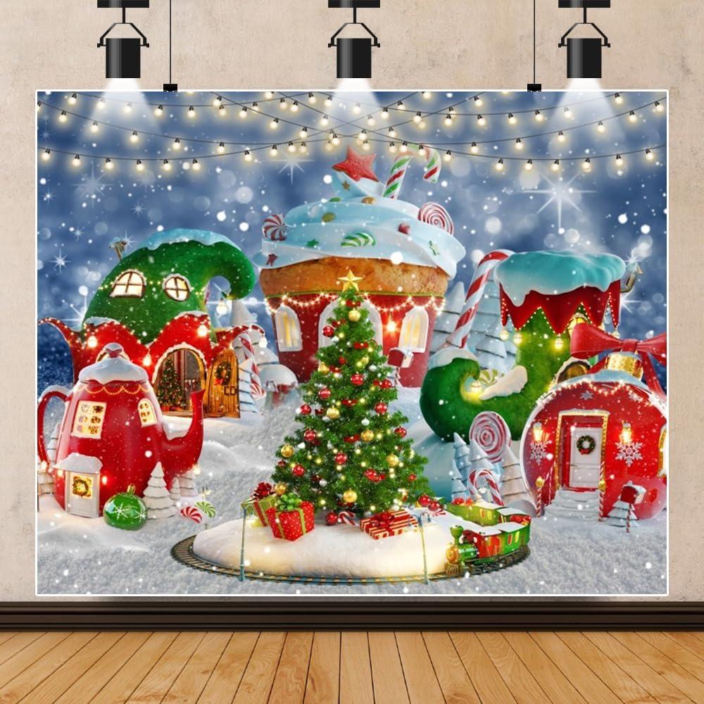 Christmas Village Backdrop 10x8ft Cartoon Boots Backdrop Xmas Tree Snow Scene Photography Background Baby Shower Christmas Party Banner Decor Photo Booth Props (Green)