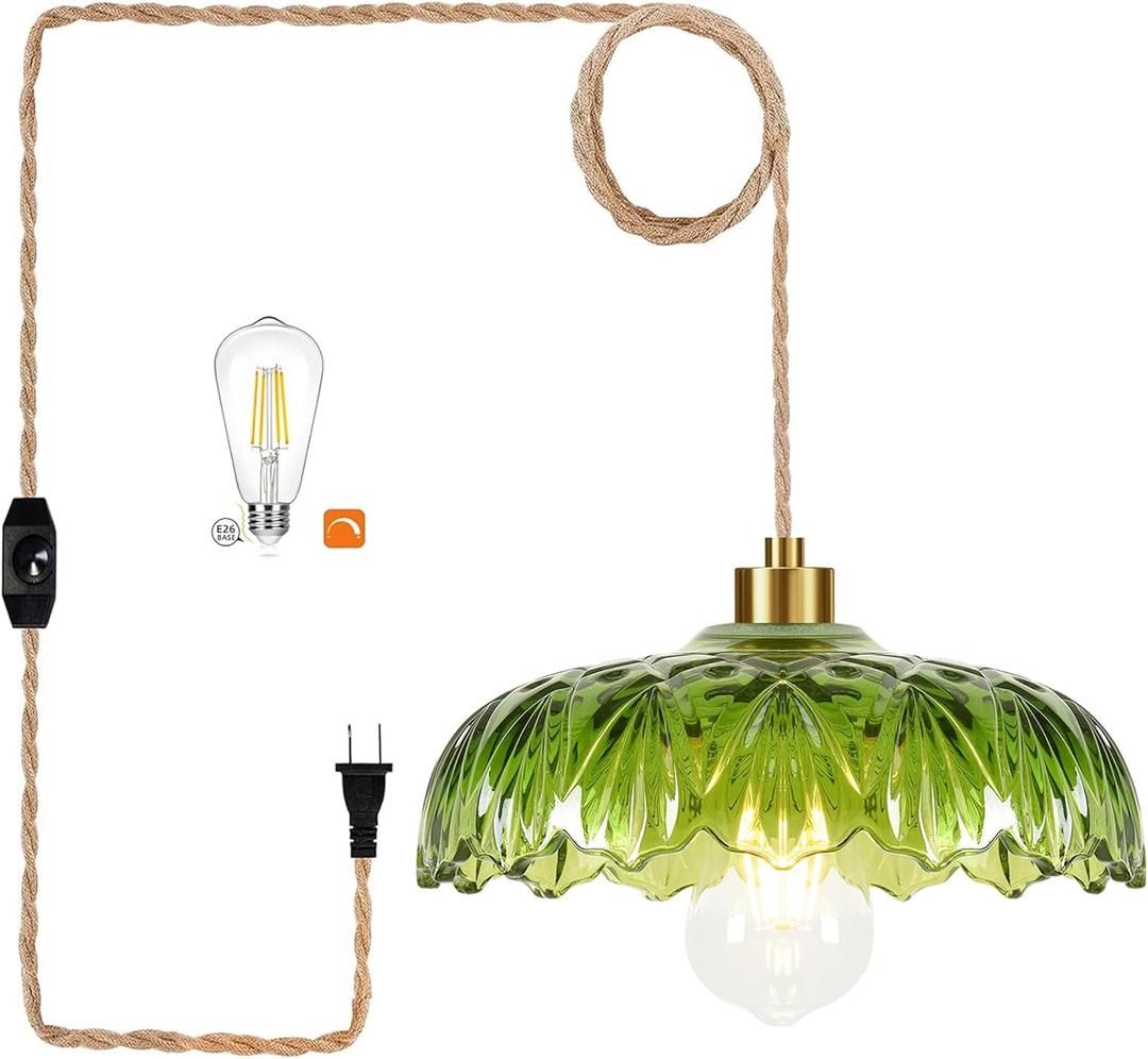 Plug in Pendant Light Hanging Lights with Plug in Cord Boho Hanging Lamp Glass Gold Mid Century Modern Vintage Dimmable Green Flower for Living Room Kitchen