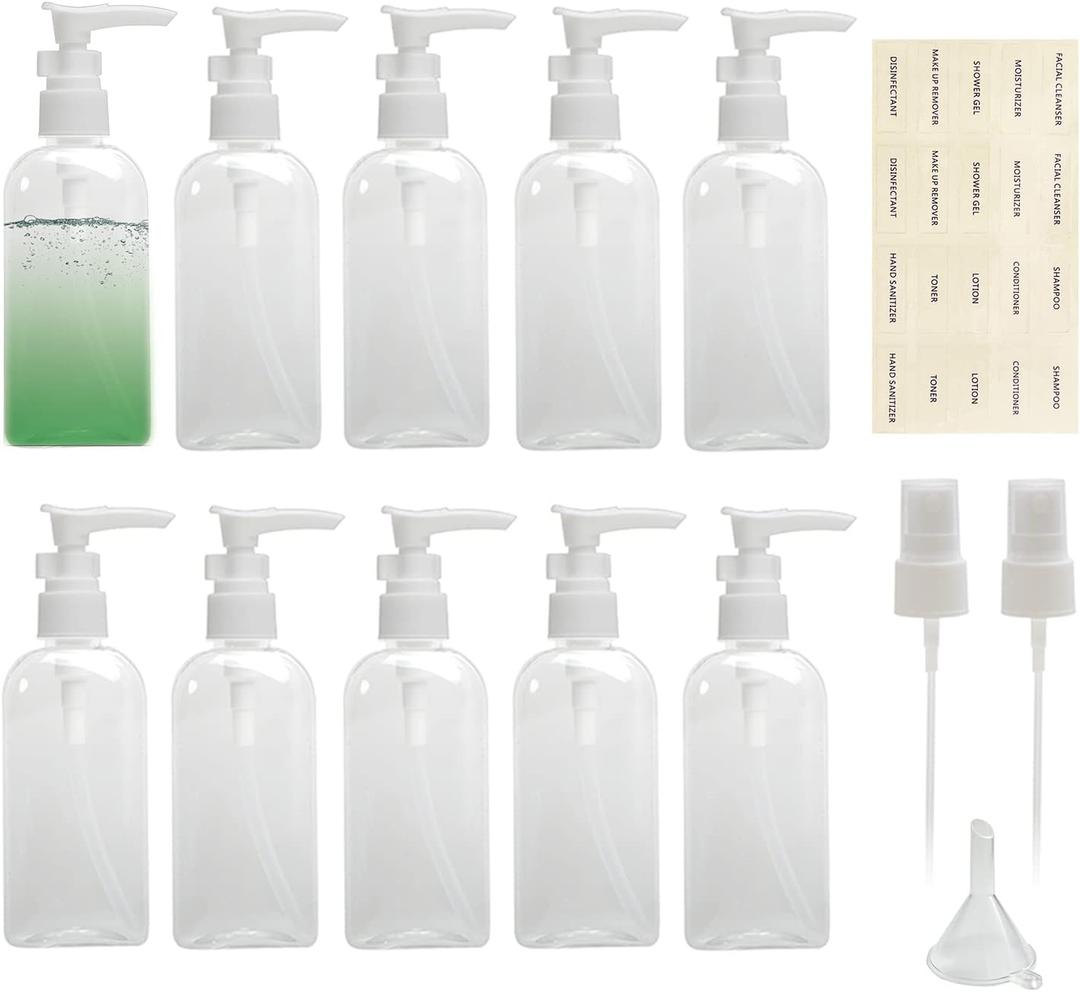10pcs Travel Dispenser Bottle, 3.4oz Clear Small Dispenser Pump Bottle, Plastic Lotion Bottle with Pump & 2pcs Mist Sprayer & Small Funnel & Label for Soap/Shampoo/Conditioner/Body Wash
