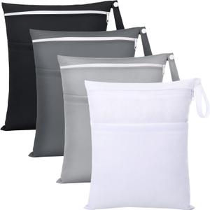 SATINIOR 4 Pack Wet Dry Bags for Baby Cloth Diapers Washable Travel Swimsuit Wet Bags Reusable with Two Zippered Pockets for Yoga Gym Swimsuits Travel Beach Pool Soiled Items(Basic Color)
