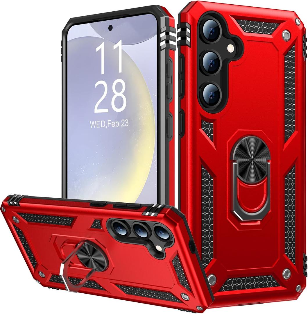 IKAZZ for Galaxy S25 Plus Case,Military Grade Shockproof Heavy Duty Protective Phone Cover Pass 16ft Drop Test with Magnetic Kickstand Car Mount Holder Red