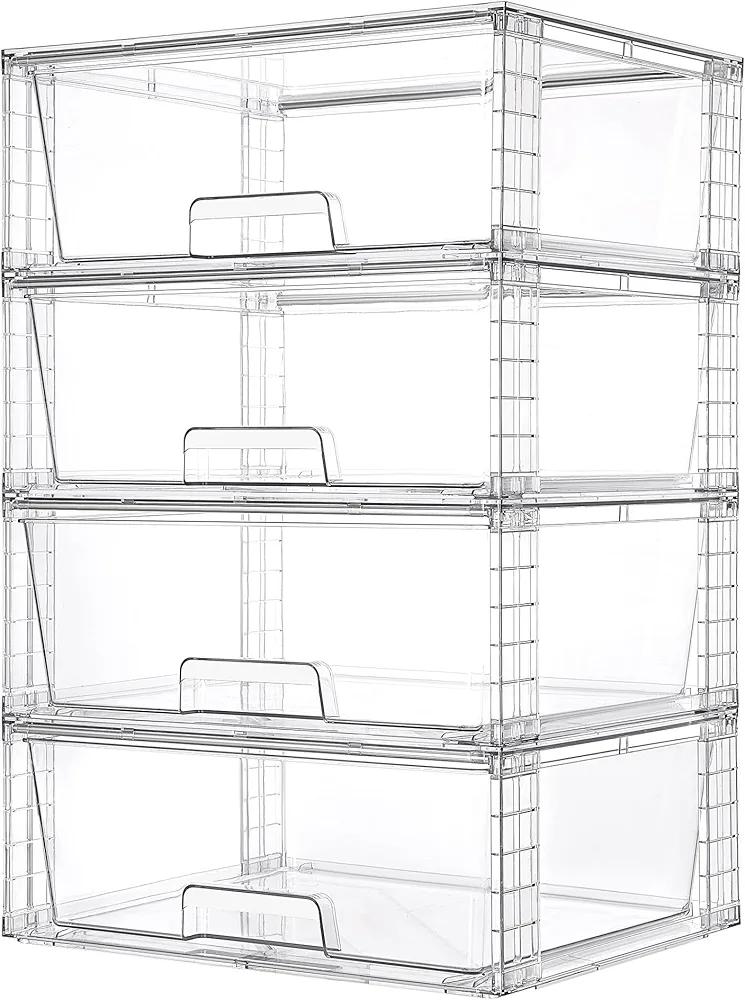 Vtopmart 4 Pack Large Stackable Storage Drawers,Easily Assemble Acrylic Bathroom Closet Undersink Organizers and Storage,Plastic Storage Bins for Kitchen Cabinets,Pantry,Makeup,Medicine Organization