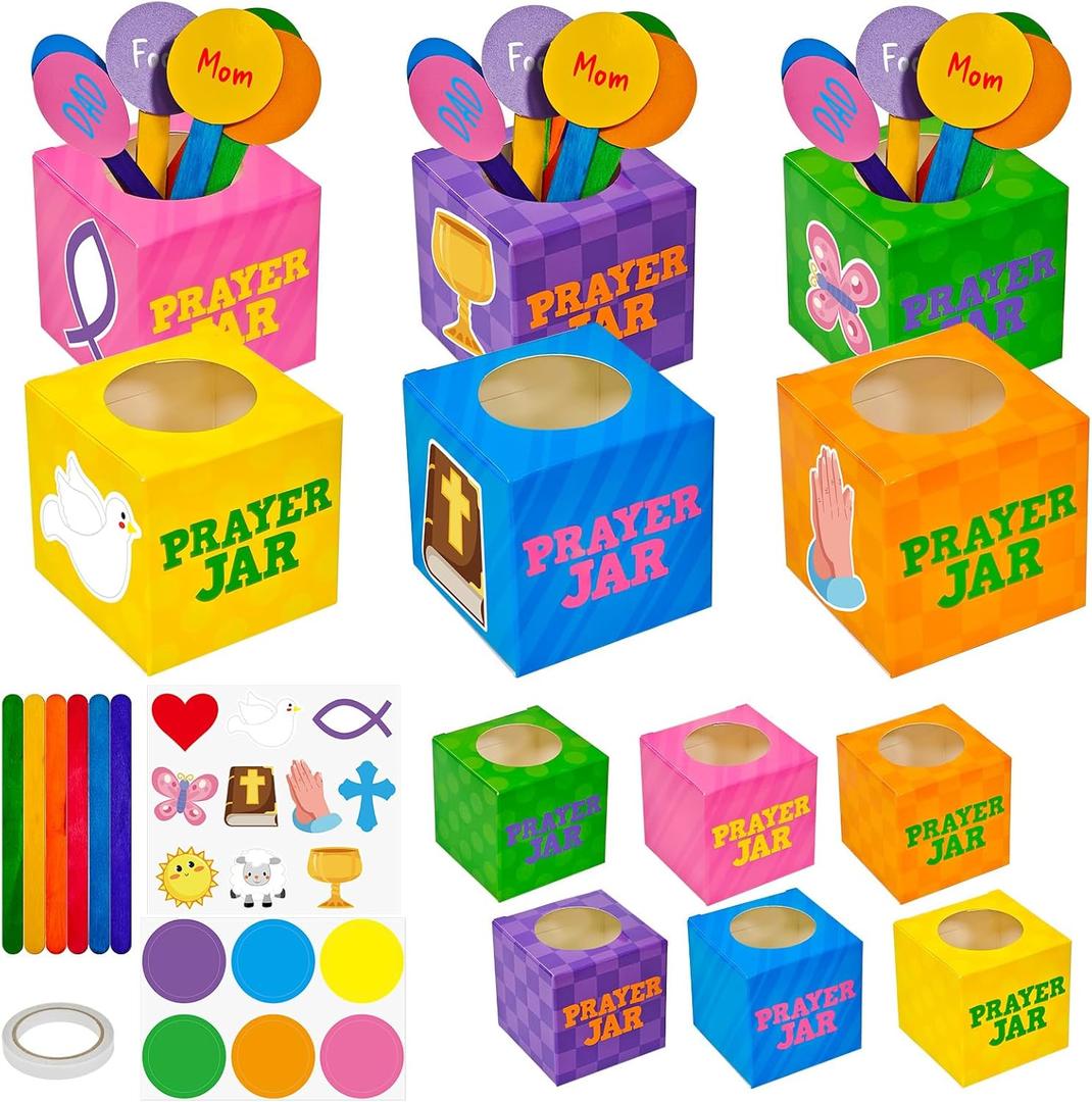 Cinrobiye 24 Set Prayer Box Craft Kits DIY Religious Prayer Jar with Popsicle Stick DIY Family Prayer Handmade Paper Box for Sunday School Home Church Activities Christian Prayer Party Favor Supplies