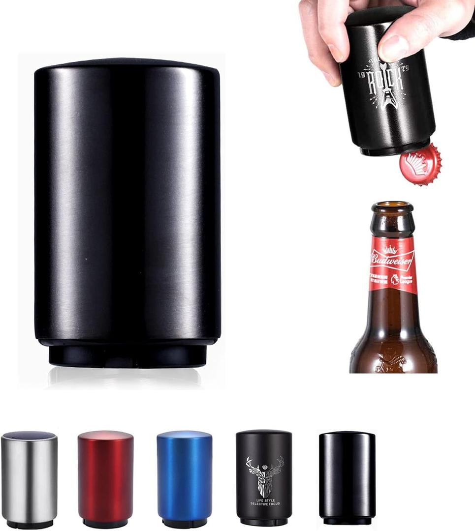 Father's Day Gift for Dad, YUDANSI Push Down Bottle Opener, Automatic Beer Openers, Stainless Steel Bottle Cap Mover, Funny Kitchen Gadgets, Beer Bar Accessories Gifts for Him BF, Magnetic Corkscrew (Black)