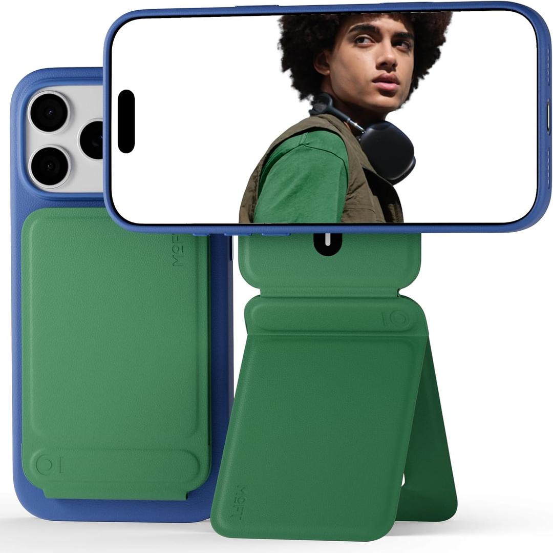 MOFT Phone Tripod Stand Selfie Stick for iPhone, Multi-Angles iPhone Stand, Lightweight & Portable Phone Holder, Strong Magnets, MOVAS Vegan Leather, Travel Essentials, Oz Green (Without Card Slot)