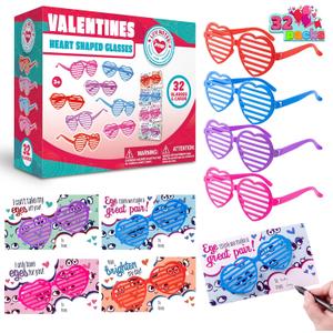 JOYIN 32 Packs Valentines Day Shade Glasses with Gift Cards Heart Shaped Shutter Heart Glasses Valentines Day Accessories for Kids Party Favor Classroom Exchange Prize Supplies