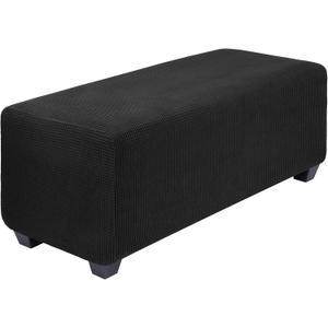 PiccoCasa High Stretch Ottoman Cover with Elastic Bottom, Soft Slipcover Jacquard Fabric Small Checks Rectangle Storage Stool Cover Furniture Covers XLarge Black