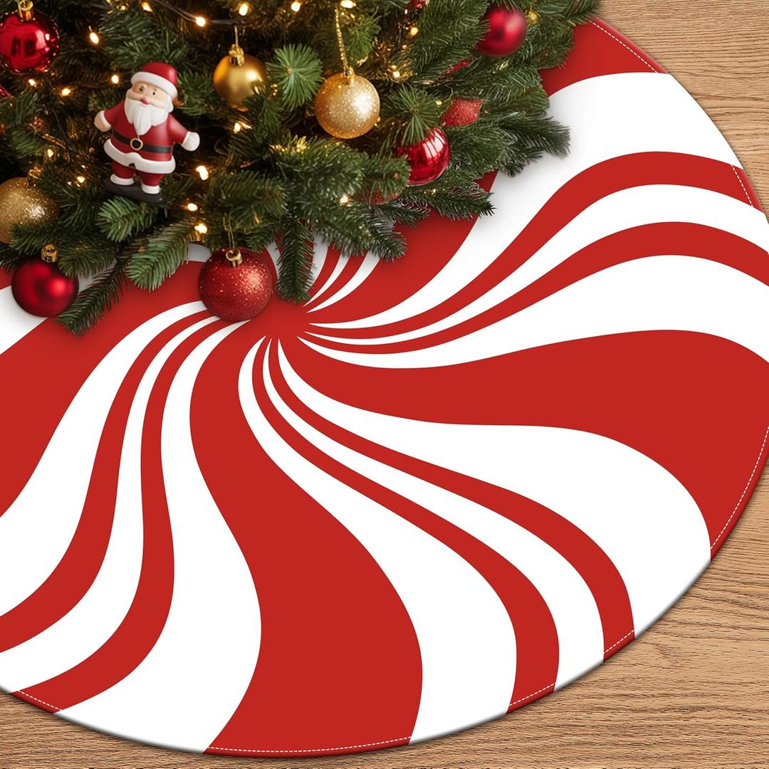 Candy Cane Christmas Tree Skirt 36 Inch Red White Christmas Tree Decorations Cute Xmas Tree Mat Ornaments for Home Holiday Party Indoor Outdoor (Red & White, 36 Inches)