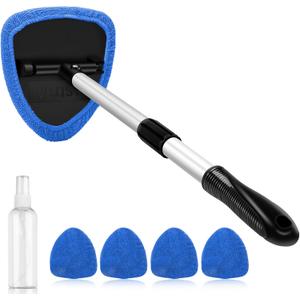 AstroAI Windshield Cleaner Tool, Car Interior Window Detailing Cleaning Kit with Extendable Handle and 4 Easy-to-Install Reusable Microfiber Pads, Auto Glass Wiper Brush Kit for Car&Home, Blue, 21in