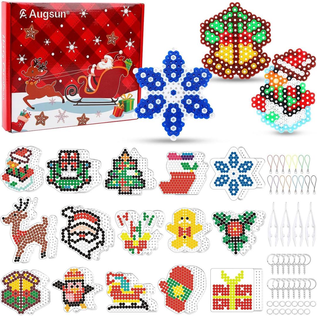 AUGSUN Fuse Beads Pegboards, Christmas 5 mm Fuse Beads Pegboards Kit, Including 15 Plastic Boards, 15 Hang Ropes, 15 Keychains, 4 Tweezers and 1Gift Box, Christmas Gift Set for Art Crafts