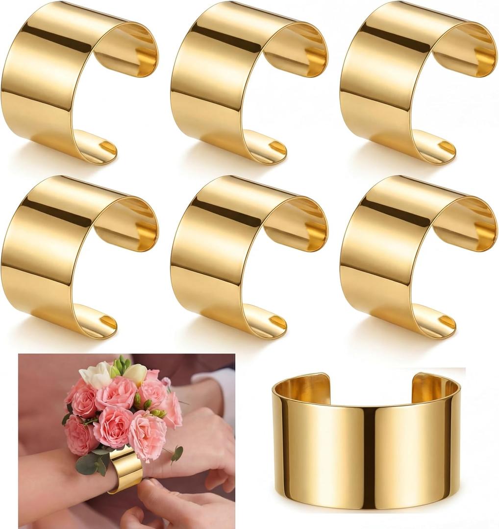 Liliaafar 6 Pcs Gold Corsage Wrist Bracelet Bands for Women Cuff Bangle Bracelet Wrist Corsage DIY Wedding Wristband Wide Open Cuff Adjustable Wristband Accessory for Wedding Bridal Party Prom