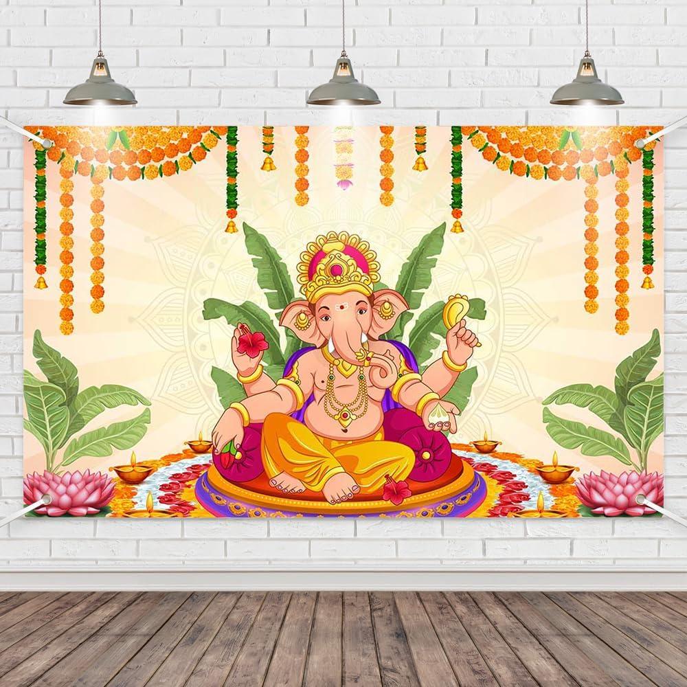 Pooja Ganpati Decoration Banner Indian Puja Cloth Items Backdrop Traditional Chatiya Ganesh Mehndi Photography Background Wedding Festival Party Marigold Garlands Photo Booth 70.8x43.3inch