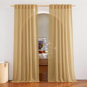 NICETOWN Sheer Linen Desert Yellow Curtains 84 inch Long for Bedroom, Rod Pocket & Back Tab Privacy Semi Sheer Light Filtering Flax Linen Window Drapes for Living Room, W52 x L84, 2 Panels