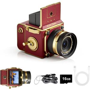 Vintage Digital Camera, 64MP 2.7K Retro Point and Shoot Camera with Autofocus, 2" IPS Waist-Level Screen & 16GB TF Card, 16X Zoom Compact Photography Camera for Beginners Kids Red