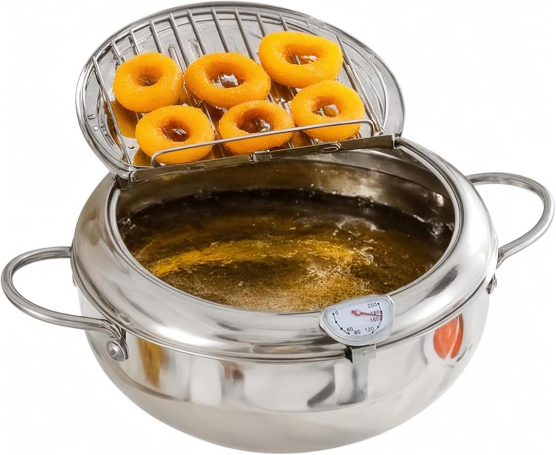 Deep Fryer Pot, Japanese Frying Pot with Thermometer and Oil Drip Drainer Rack, 304 Stainless Steel Tempura Deep Fryer Pot for Gas Stove and Induction Cooker for French Fries Chicken Wings