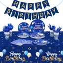 Pajean Blue Happy Birthday Party Tableware Set Birthday Decoration Banner and Tablecloths Decoration Plates Cups Napkins Dinnerware for 24 Guests Party Supplies(Blue and Gold)