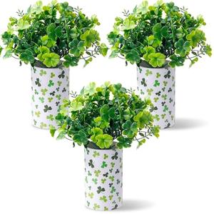 MotiMind 3 Set St. Patrick's Day Table Centerpiece Decor, Includes 3 Irish Round Clover Flower Box, 6 Artificial Shamrock Plants, DIY Faux Clover Arrangement for Irish Saint Patrick's Day