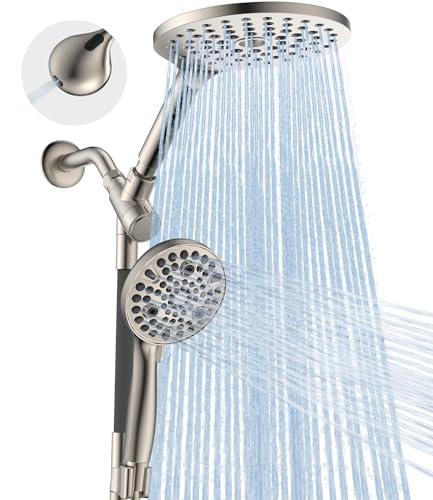 Dual Handheld Shower Head Combo, 2-in-1 Rain Shower Heads System 8 Inch Rainfall Shower Head and 10 Modes High Pressure Hand Held Showerhead with Built-in Power Wash, Standard-Round, Brushed Nickel
