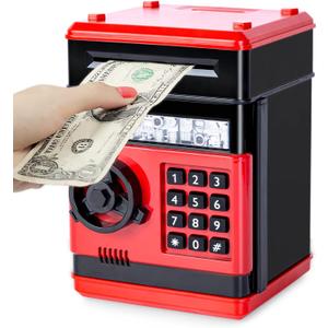 Refasy Piggy Bank Cash Coin Can ATM Bank Electronic Coin Money Bank for Kids Age 3-12, Money Savings Box Mini ATM Coin Bank Toys Gifts for 3 4 5 6 7 8 9 10 11 12 Year Old Boys Girls (Red)