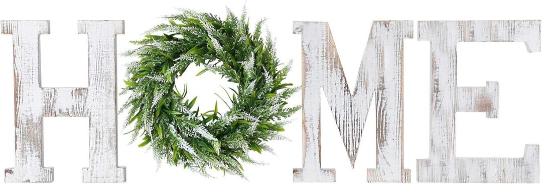 LOSOUR Farmhouse Decor Wood Letters - Wreath with Decorative Home Sign for Living Room, Entry Way, Kitchen (White)