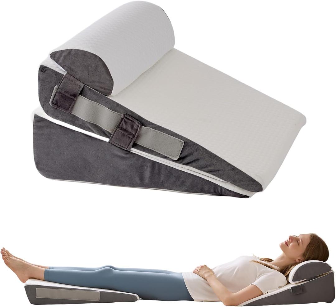 WGAKCED 3Pcs Wedge Pillow Set for After Surgery,Acid Reflux Relief, Adjustable Bed Wedge Pillows for Sleeping,Anti Snore, Memory Foam Triangle Pillow for Back&Neck&Shoulder Pain Relief, White&Grey (12 IN+1 Head pillow)